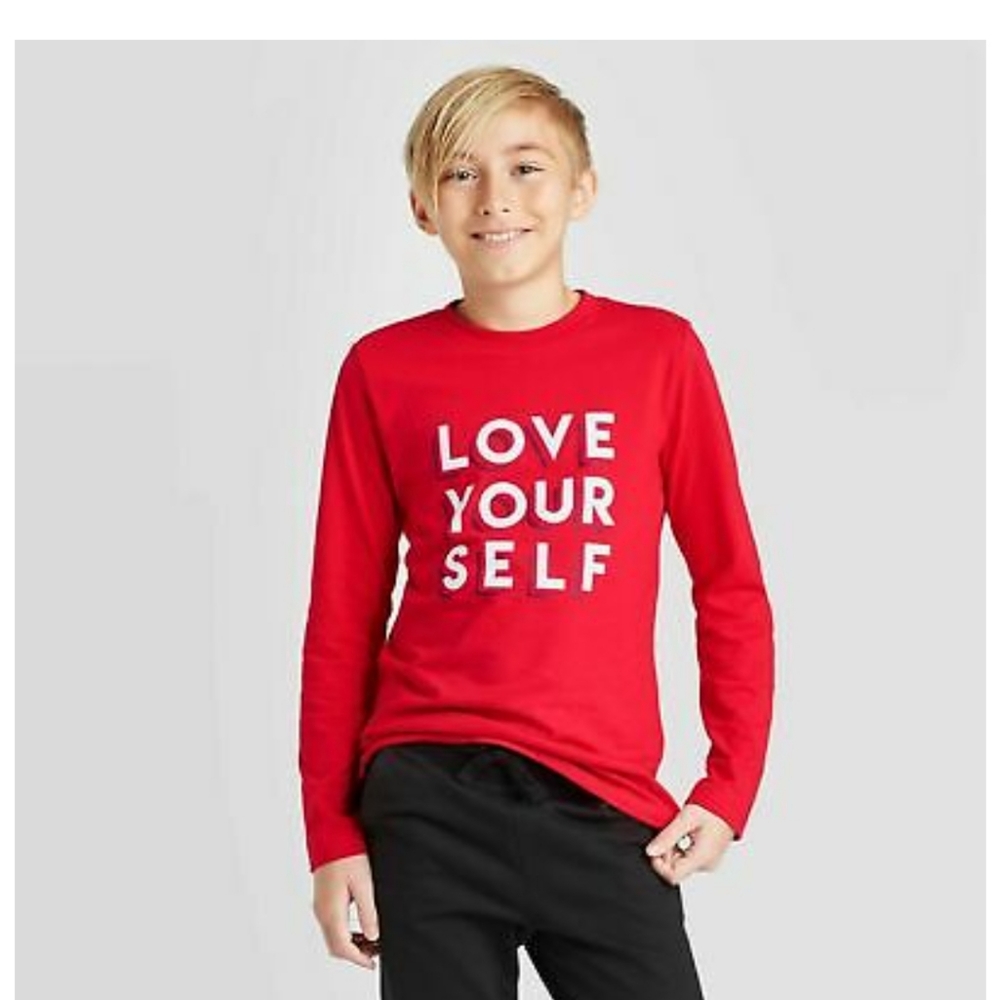 Cat and Jack Boys Red love your self long sleeve t-shirt size large